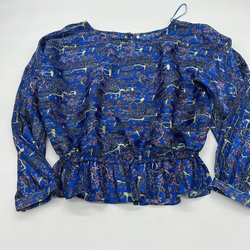 Free People Top Blouse Keyhole Back Ruffle Hem Long Sleeve Blue Floral Sz XS